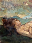 Oil Painting on Board Giant with 2 Small Soldiers on Midsection