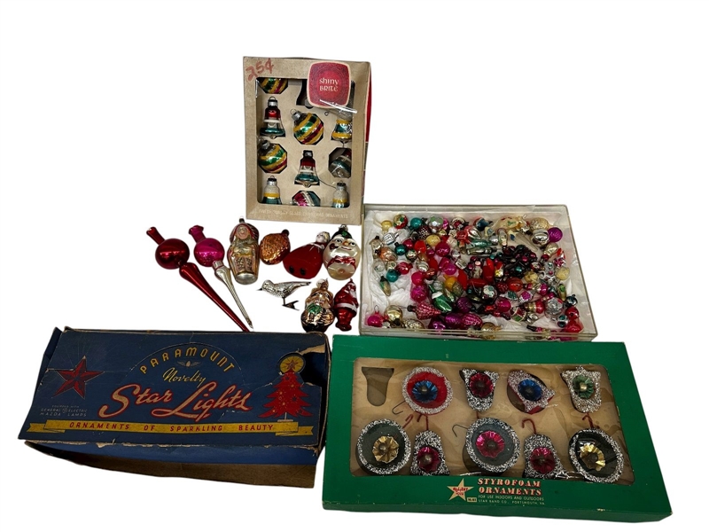 Group of Vintage Christmas Bulbs, Lights and Ornaments 