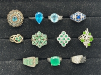 (14) Sterling Silver, Topaz, Emerald, Diamonds Rings