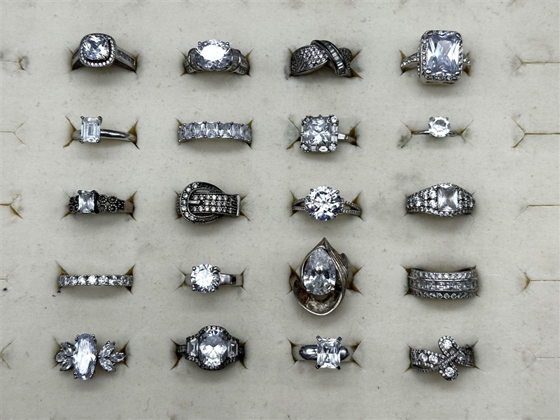(20) Sterling Silver Rings, CZs, and Other Clear Gems 
