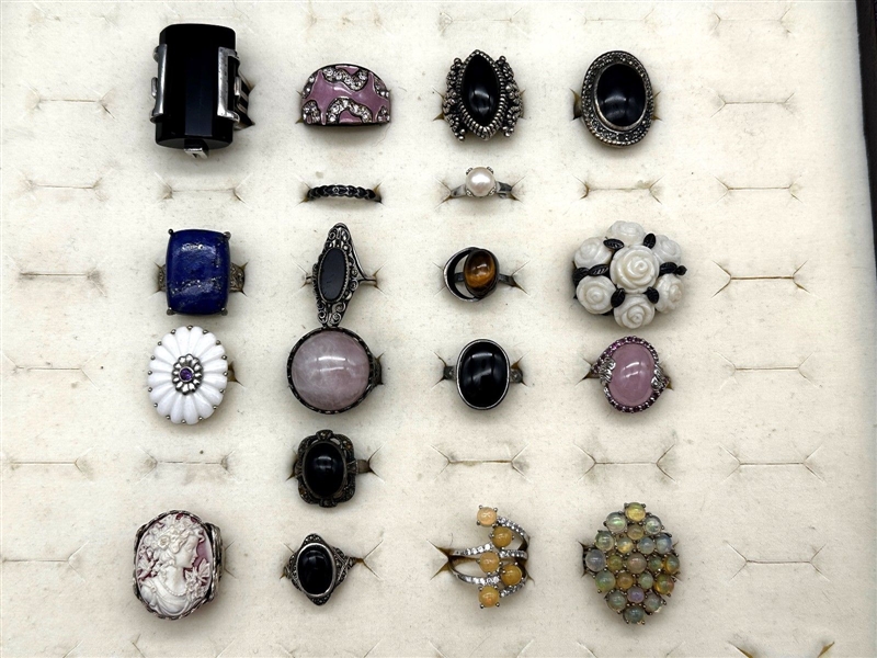 (19) Sterling Silver Rings; Enamel, Cameos