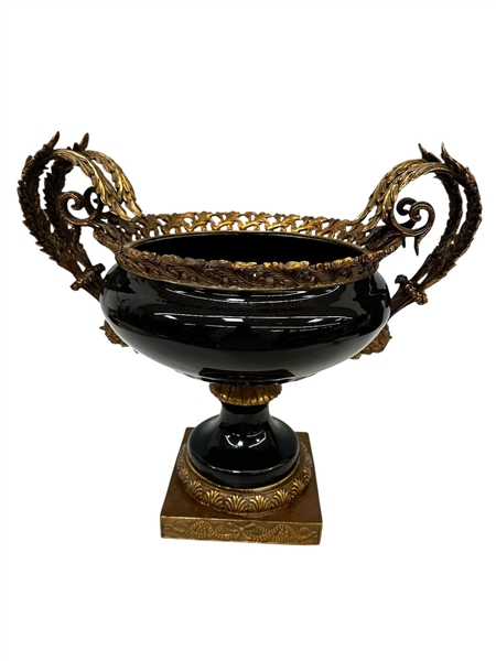 Black Porcelain and Bronze Ormolu Mounted French Empire Urn