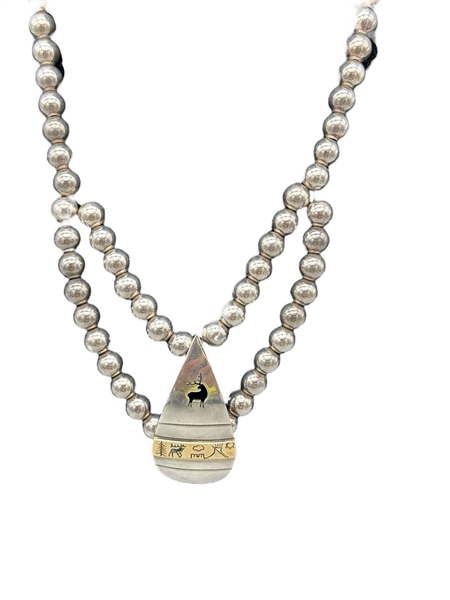 Sterling Silver Beaded Necklace With Sterling and 14k Accent Pendant