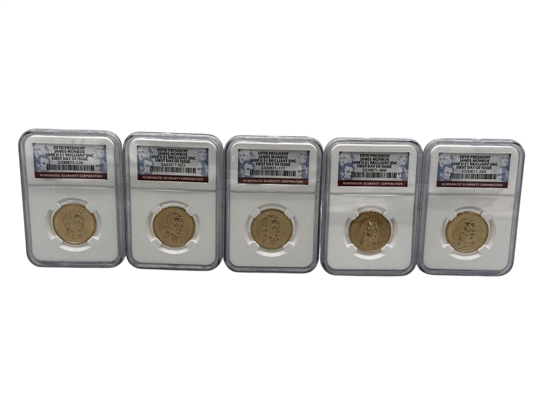 (5) James Monroe 2008-D $1 Brilliant UNC First Day Issue NGC 