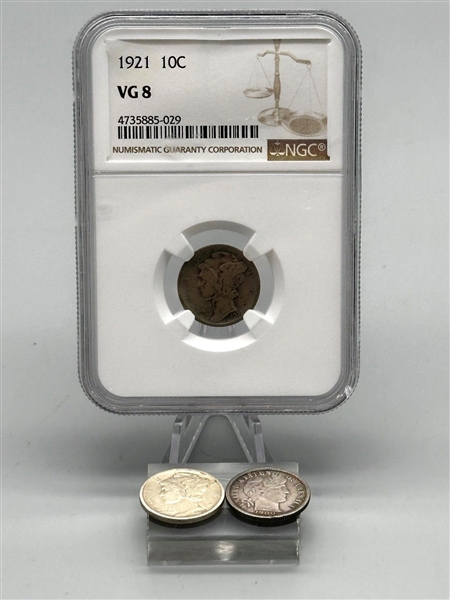 (3) Silver Dimes; 1921 Mercury NGC VG8, 2 Others