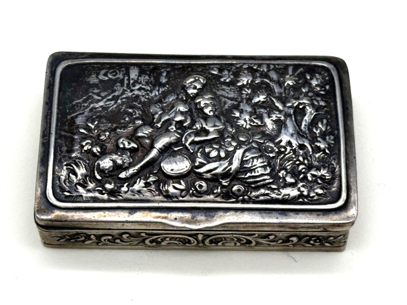 .800 Silver Repousse Galante Scene Snuff Box