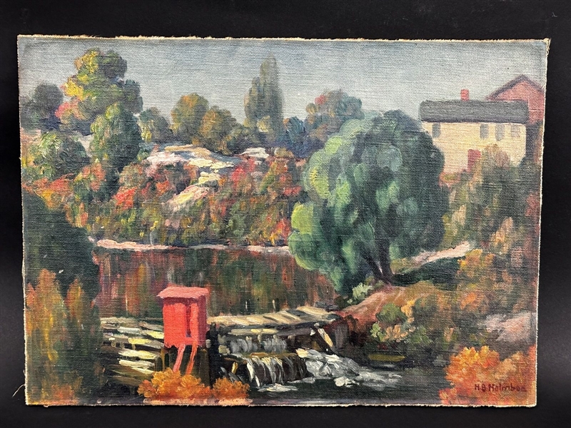 Oil on Canvas Country Landscape Attached to Board Signed H.G. Holmbes
