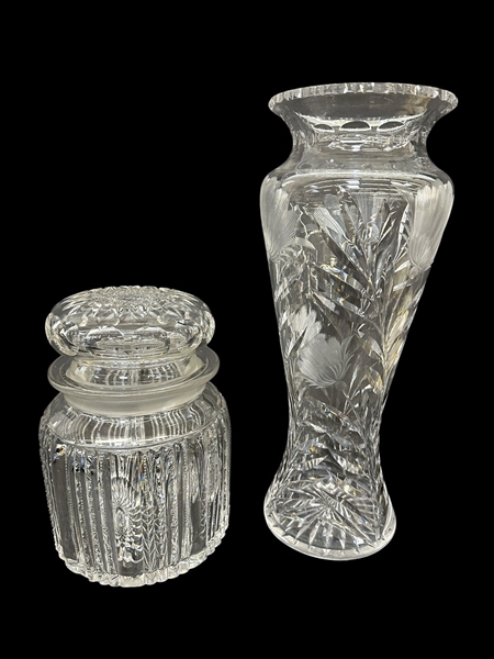 (2) Cut Glass Pieces; Vase, Lidded Jar