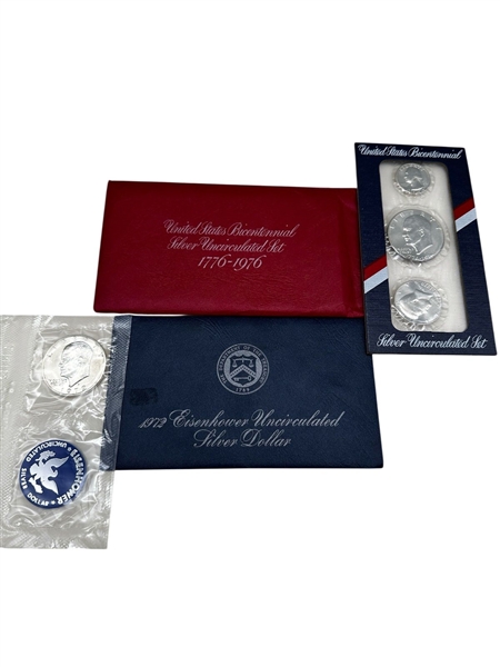 1976 US Bicentennial Silver UNC Set, 1972 Eisenhower UNC Silver Dollar