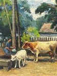 Bilane Oil Painting Oil on Board Farm Scene Woman With Cows