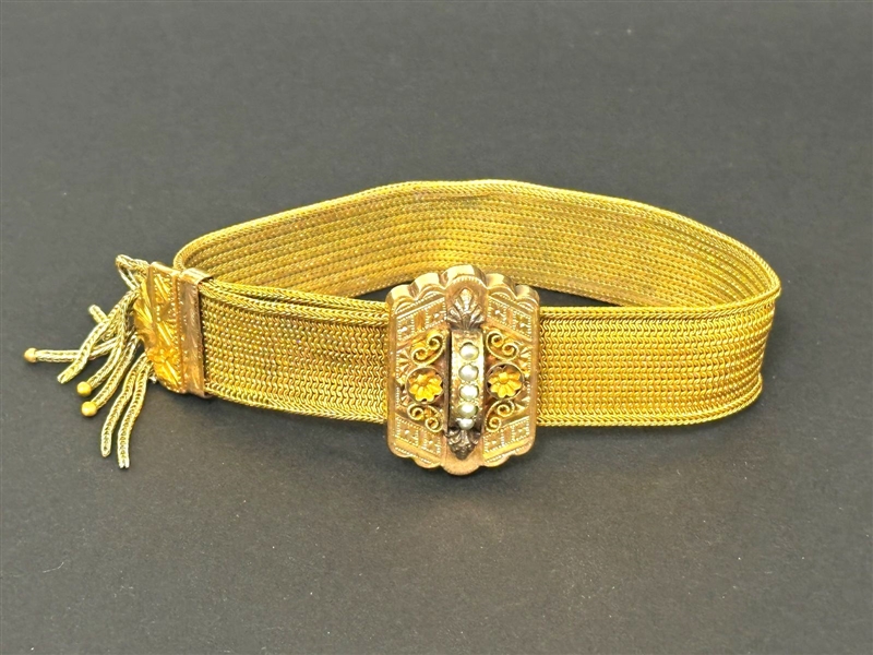 Victorian Gold Filled Slide Bracelet With Seed Pearls: 