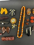 Group of Bakelite, Lucite Brooches, Scarf Clips, Many Art Deco