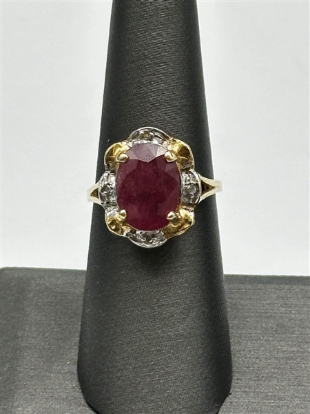 14k Ruby and Diamond Ring: Large Emerald Cut Ruby