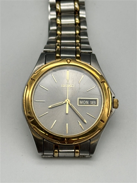 Seiko Two Tone Quartz Day Date Black Face Mens Watch
