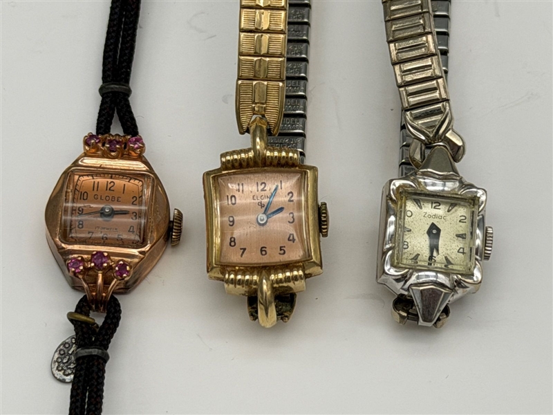 (3) 14k Gold Ladies Watches; Zodiac, Elgin, Globe