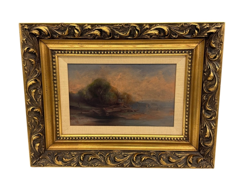 Oil Painting on Metal Landscape in Gilt Frame