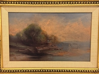 Oil Painting on Metal Landscape in Gilt Frame