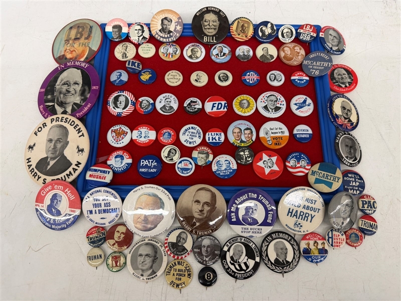 Group of Political Buttons Truman, Wilson, Teddy Roosevelt, Kennedy, Taft, William Bryan