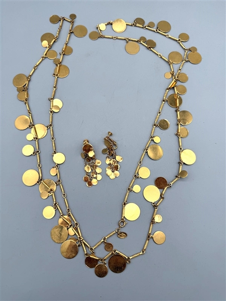 Vendome Statement Long Necklace With Matching Earrings in Gold Tone