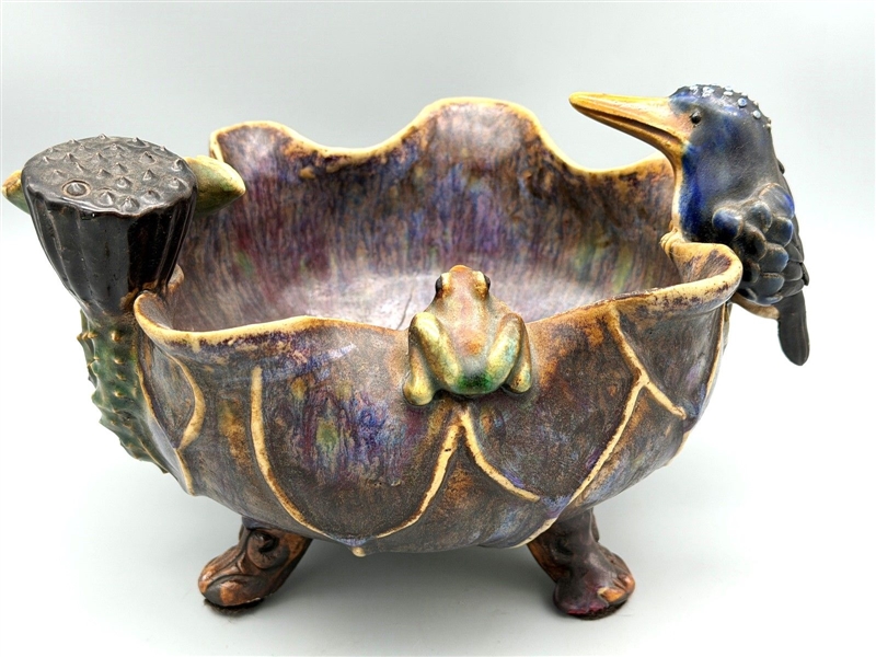 Majolica Free Form Pottery Bowl With Kingfisher, Plants and Frog.