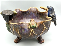 Majolica Free Form Pottery Bowl With Kingfisher, Plants and Frog.