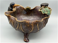 Majolica Free Form Pottery Bowl With Kingfisher, Plants and Frog.