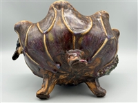 Majolica Free Form Pottery Bowl With Kingfisher, Plants and Frog.