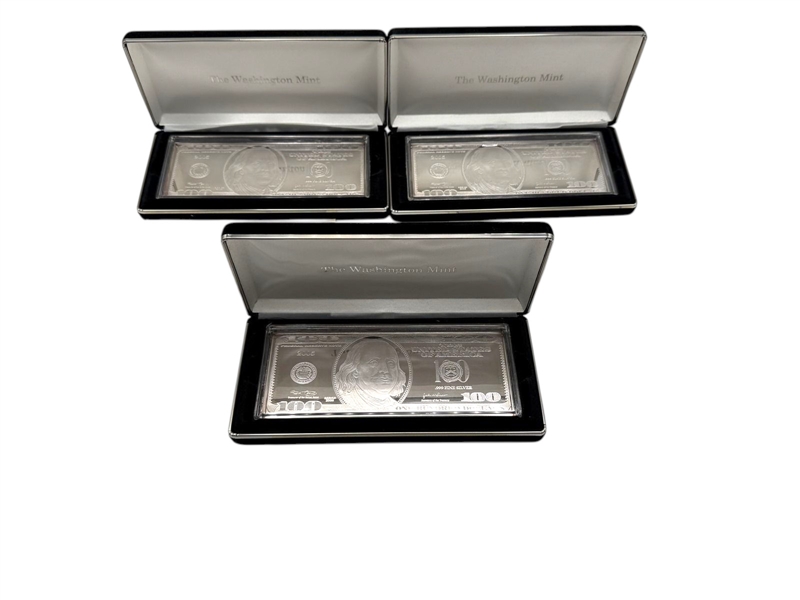 (3) 2005 $100 Bills Washington Mint 4 Troy Ounces of Silver in Each Bar