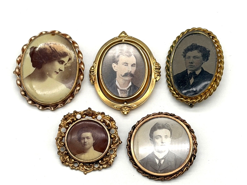 (5) Victorian Gold Filled Mourning Portrait Photo Brooches With Swivel Photo Hair Brooch