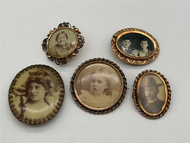 (5) Victorian Gold Filled Mourning Photo Brooches (2) With 10k Gold Rims