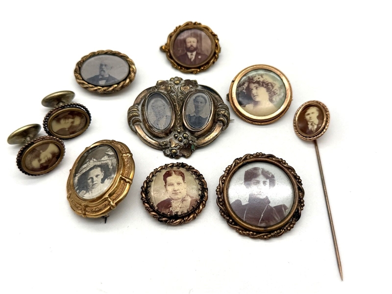 (9) Victorian Mourning Gold Filled Photograph Brooches, Cufflinks, More