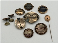 (9) Victorian Mourning Gold Filled Photograph Brooches, Cufflinks, More