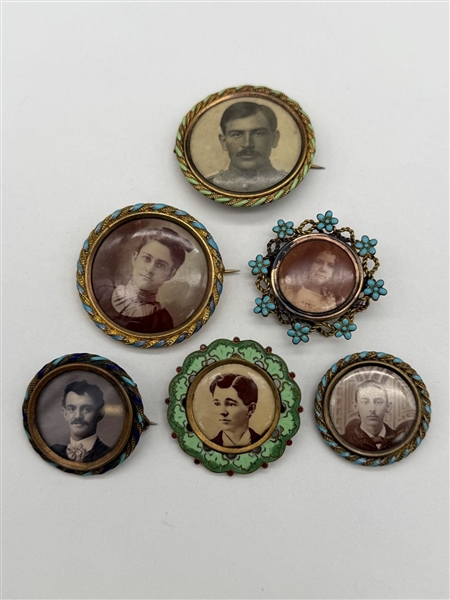 (6) Victorian Mourning Gold Filled Photograph Brooches With Enameling and Fancy Cases
