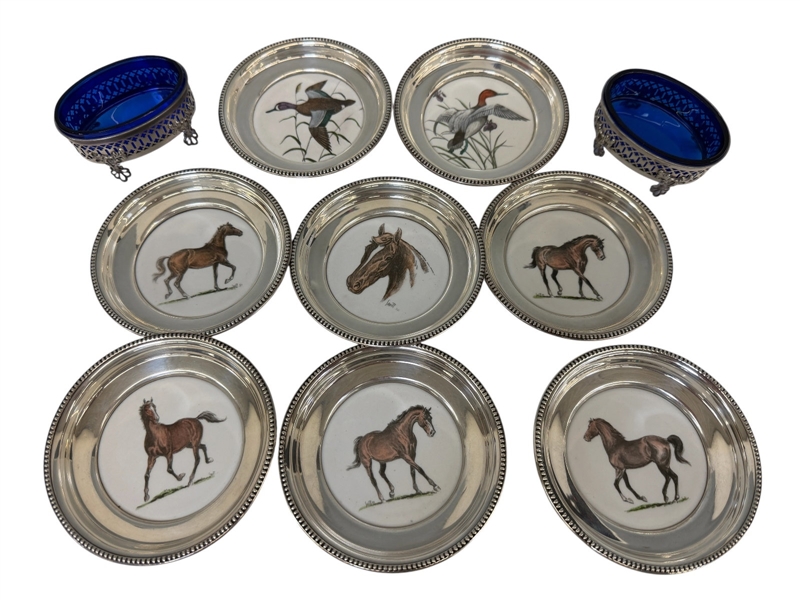 (8) Sterling Cased Frank Whiting Coasters, (2) Sterling Cobalt Nut Cellars