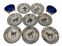 (8) Sterling Cased Frank Whiting Coasters, (2) Sterling Cobalt Nut Cellars