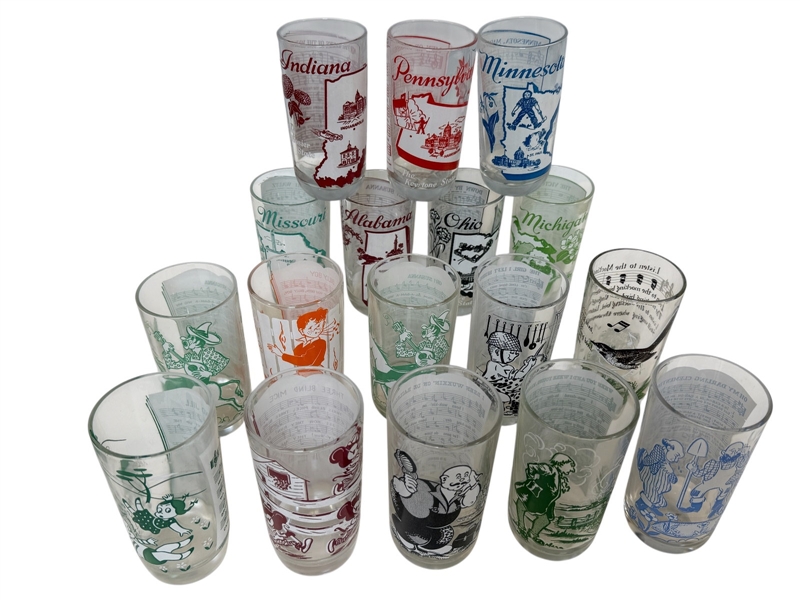 (17) Libbey, Hazel-Atlas Drinking Glasses; States and Songs Big Top Peanut Butter