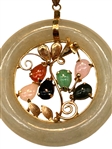 14k Gold Round Green Apple Jade and Stones Pendant