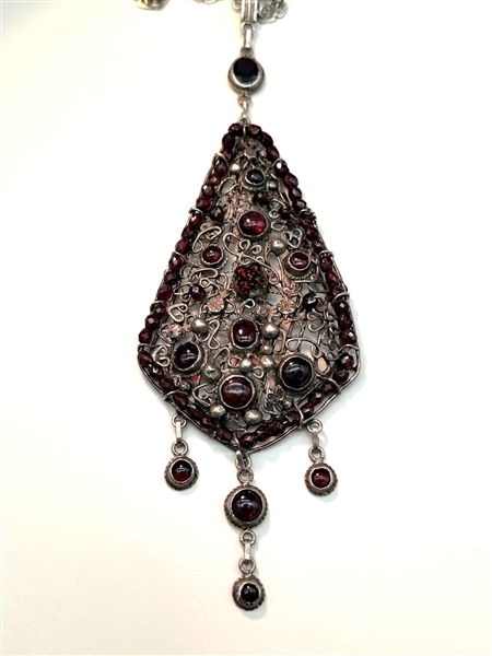 Large Silver Handmade Pendant and Chain Set with Garnets