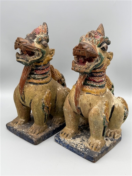 Hand Painted Wood Carved Foo Dog Figures