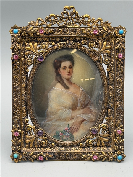 Hand Painted Portrait Miniature in Jeweled Gilt Frame