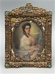 Hand Painted Portrait Miniature in Jeweled Gilt Frame