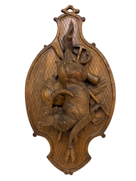 Swiss/German Black Forest Hand Carved "Fruits of the Hunt" Wall Plaque