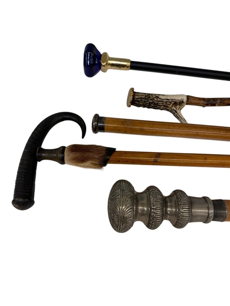 (5) Walking Canes; Brass, Glass, Silver Plate, Pewter