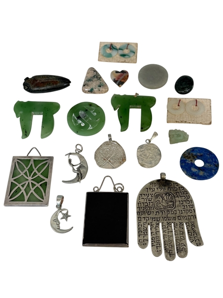 Group of Sterling Silver Pendants, Jade, and Lapis Pieces