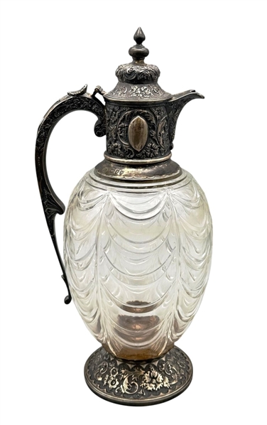 Charles Edwards Victorian Era Sterling Silver Mounted Cut Glass Claret Jug