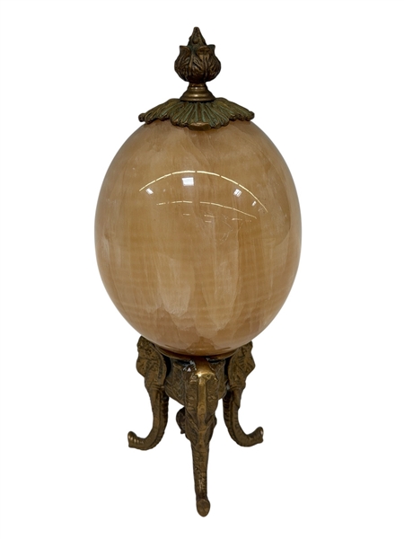 1960s Marble Egg on Elephant Brass Stand and Brass Mounted Finial