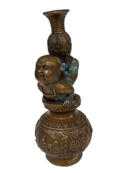 Chinese Brass Statue Boy With Vase Xuande Mark