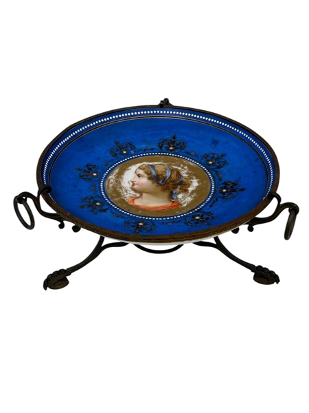 Sevres Style Portrait Plate with Ormolu Stand Cobalt Blue