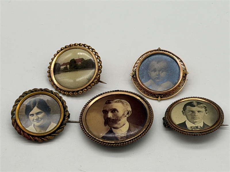 (5) Victorian Gold Filled Mourning Photo Brooches (1) With 10k Gold Rims
