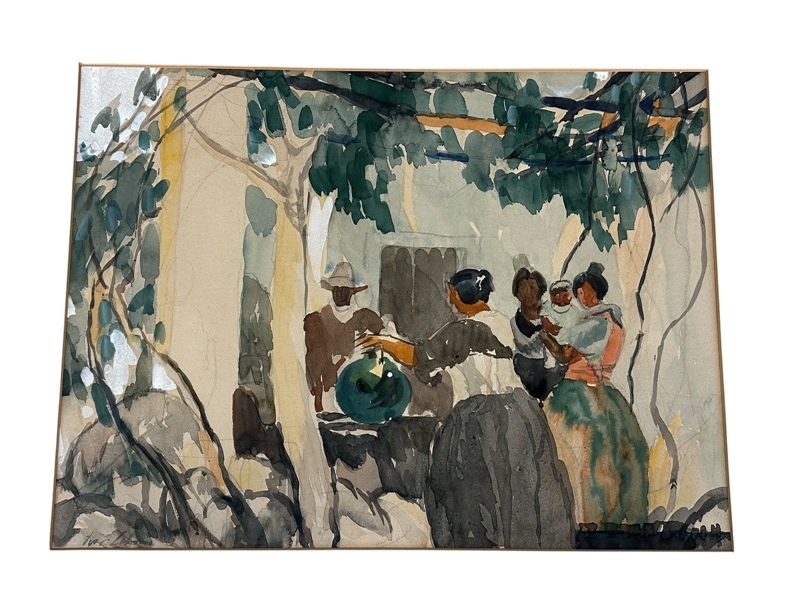 Original Watercolor on Cardboard Getting Water at Well Signed